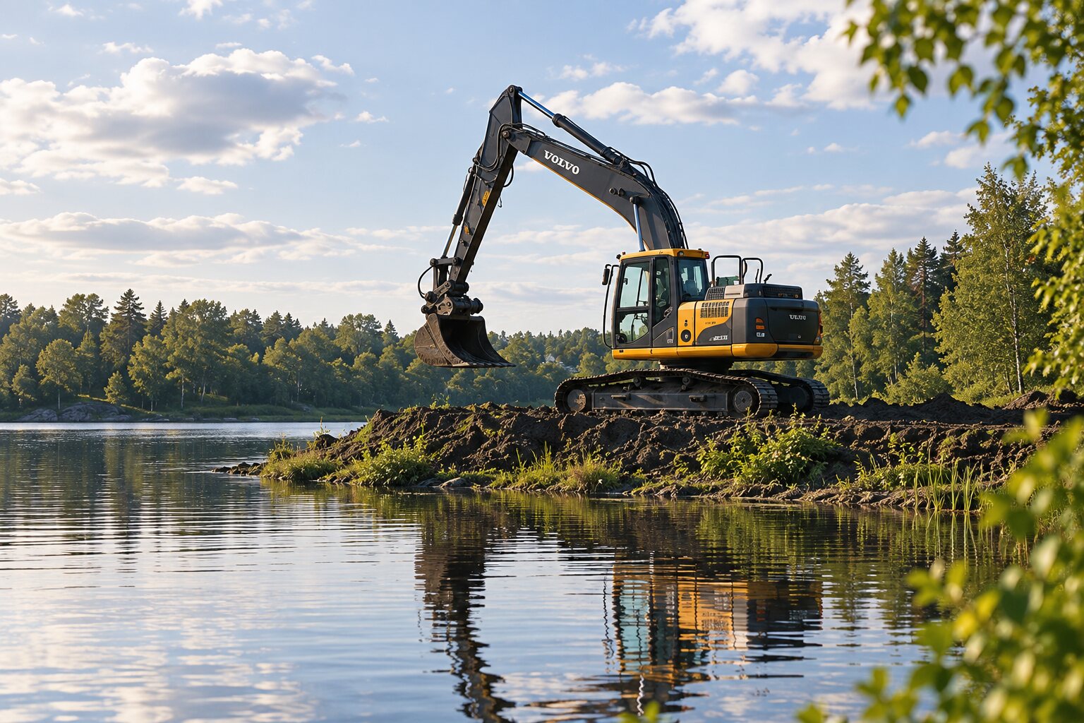 Grävmaskin som muddrar en strandkant vid en sjö